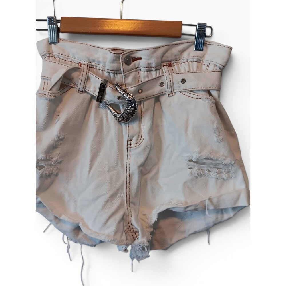 Signature 8 Denim Shorts Womens L White Good Distressed Paperbag Waist S8797W
